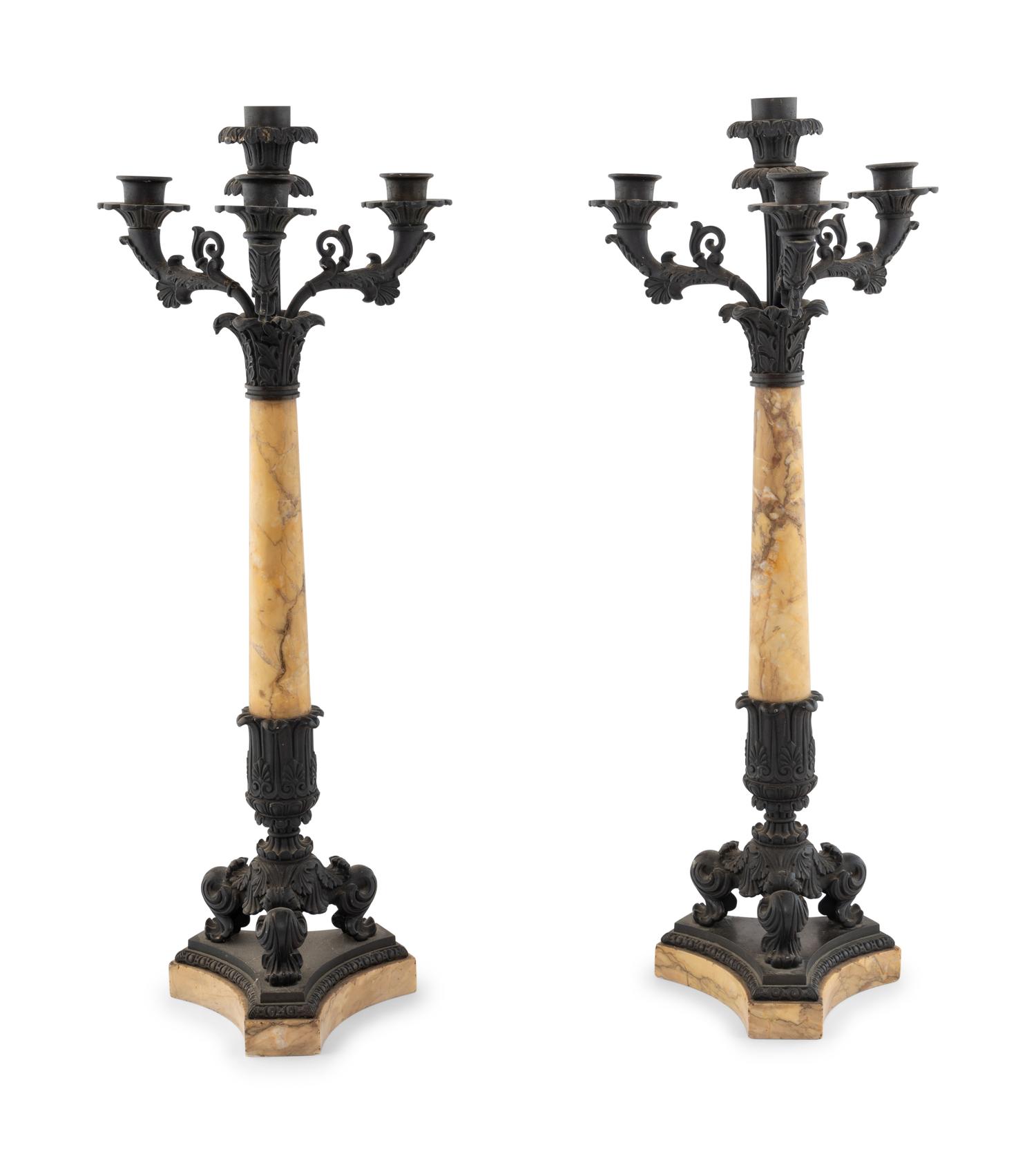 An Assembled French Marble and Bronze Five-Piece Clock Garniture