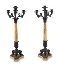 An Assembled French Marble and Bronze Five-Piece Clock Garniture
