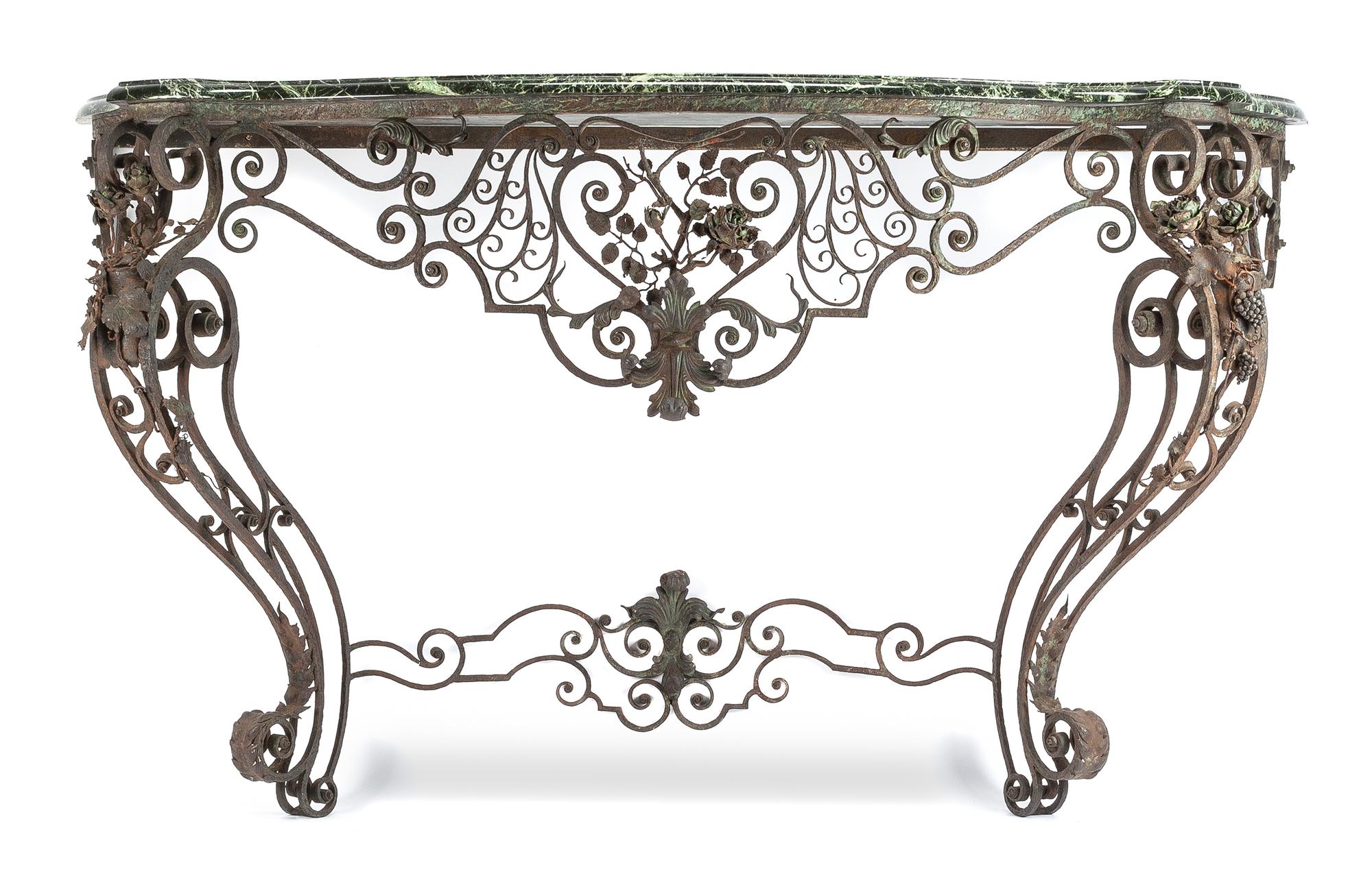 A Spanish Rococo Style Wrought Iron Console Table Height 41 x width 70 1/2 x depth 19 3/4 inches.