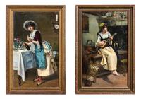 R. V. Meunier, (Late 19th Century), Woman Playing a Lute and Woman in a Dining Room, 1890 (two works)