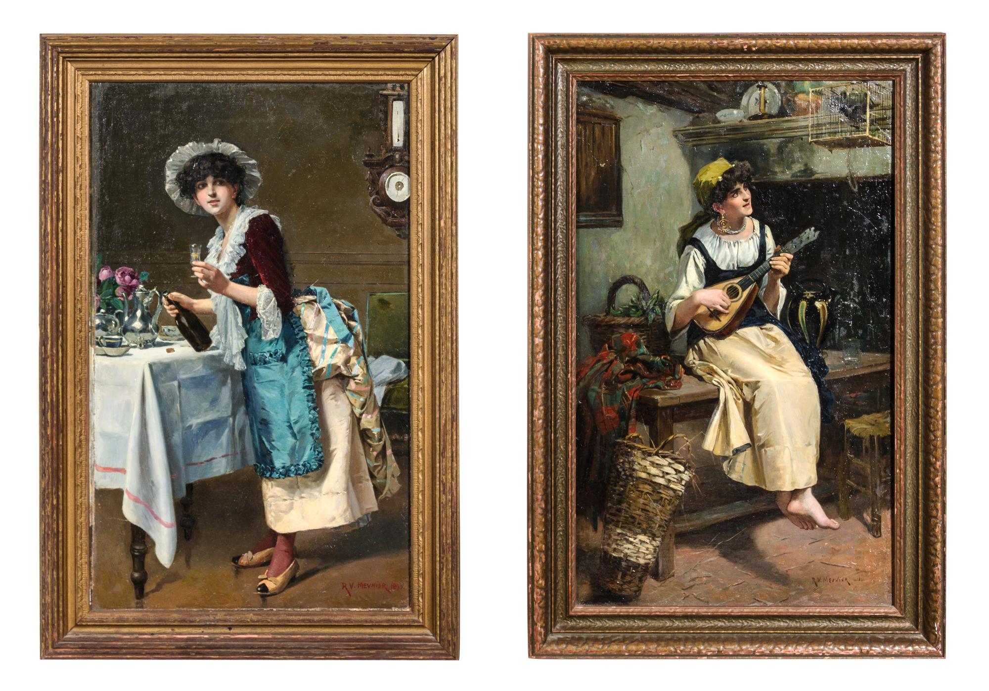 R. V. Meunier, (Late 19th Century), Woman Playing a Lute and Woman in a Dining Room, 1890 (two works)