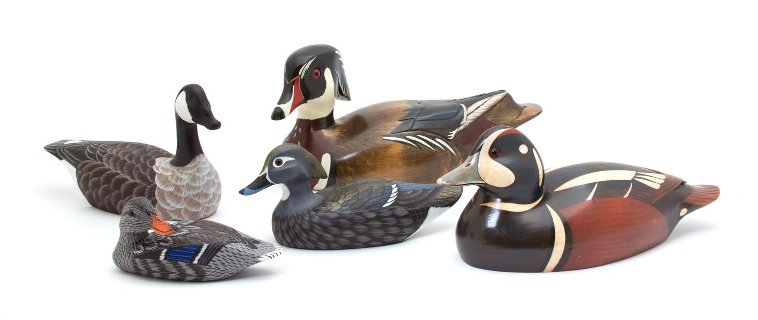 A Group of Five Painted Carved Wood Duck Decoys Length of largest 12 inches. — 20TH CENTURY