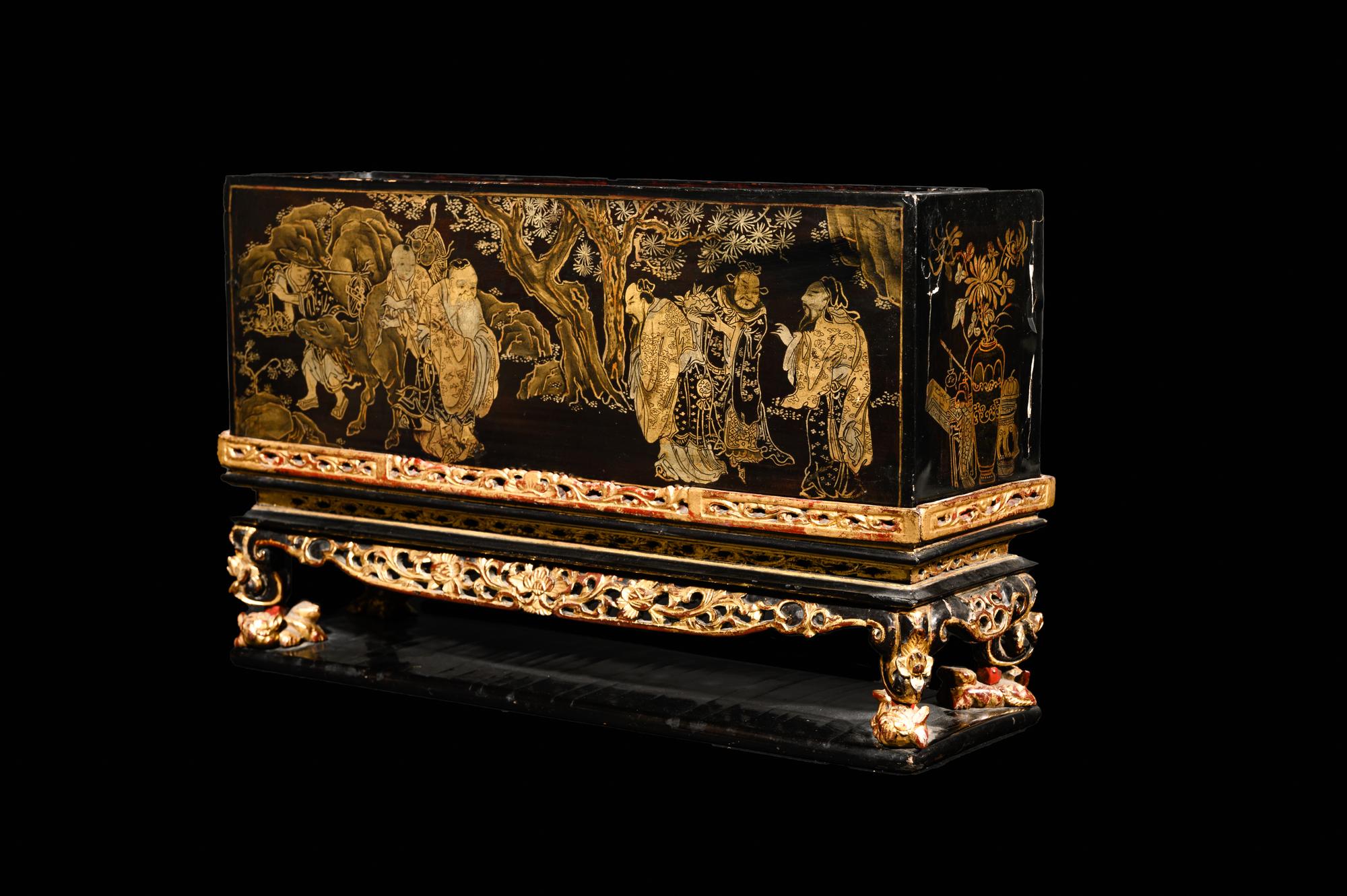 Two Gilt Decorated Black Lacquer Covered Boxes