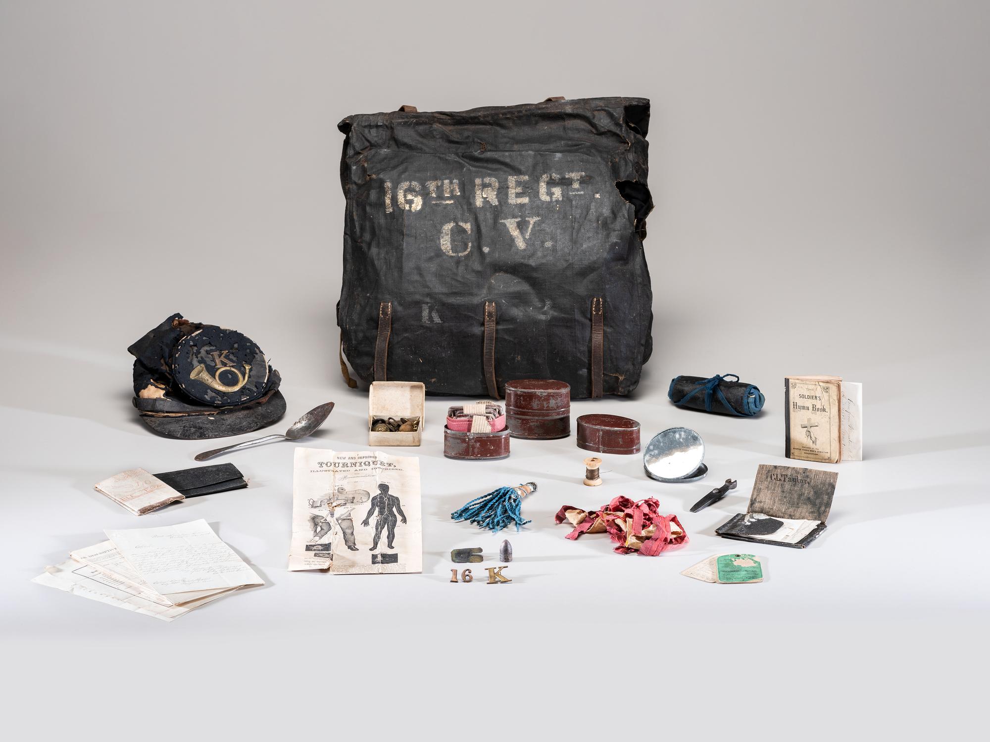 [CIVIL WAR]. Knapsack with contents carried by Private Charles L. Taylor, Company K, 16th Connecticut Volunteer Infantry.