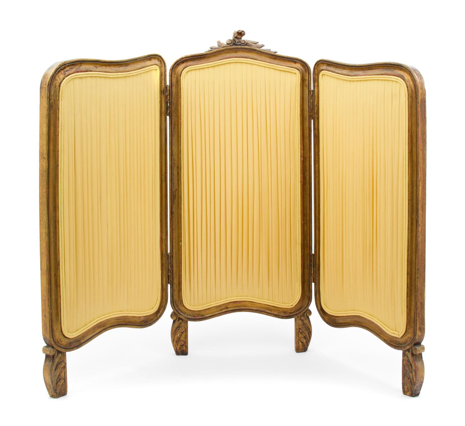 A Louis XV Style Giltwood Three-Panel Fire Screen, Height 29 1/4 x width overall 38 1/8 inches.