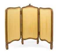 A Louis XV Style Giltwood Three-Panel Fire Screen, Height 29 1/4 x width overall 38 1/8 inches.