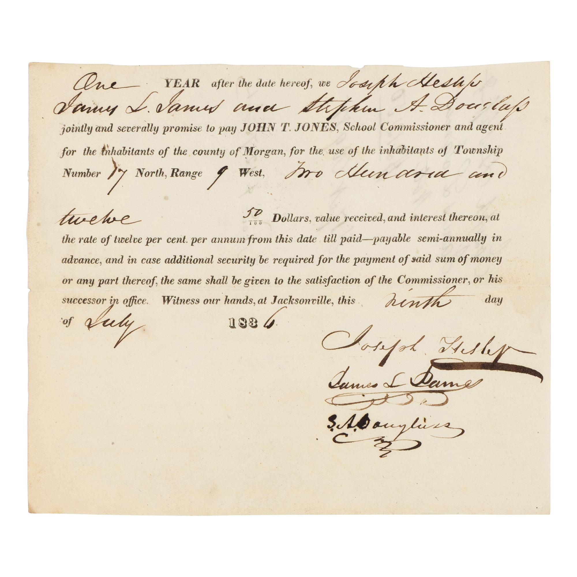 DOUGLAS, Stephen Arnold (1813-1861). A group of 14 documents and letters relating to Douglas's legal and political career, ca 1834-1857, comprising: