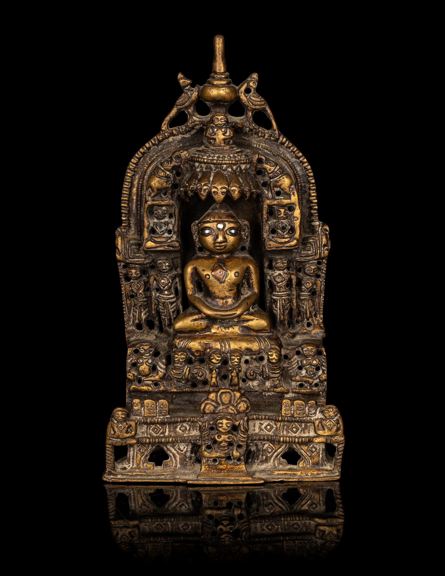 An Indian Silver-Inlaid Brass Jain Shrine
