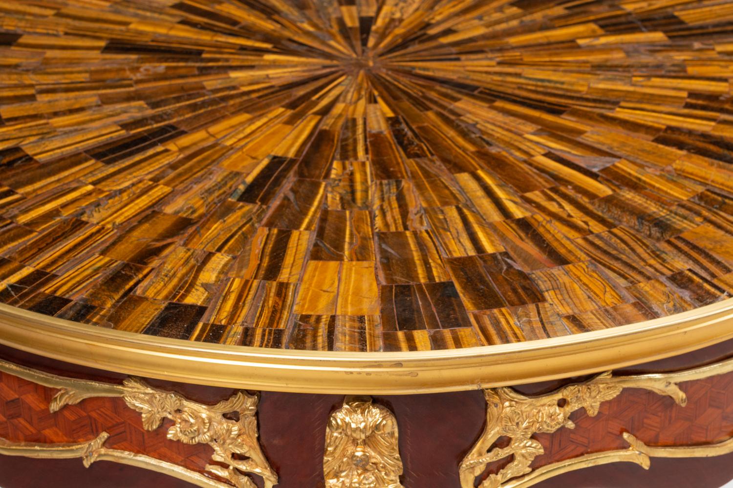 A Pair of Louis XV Style Gilt Bronze Mounted Parquetry Tables with Tiger’s Eye Tops