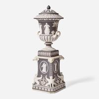 A Wedgwood Black Dip Jasperware Borghese Vase Cover and Stand UK, early 19th century