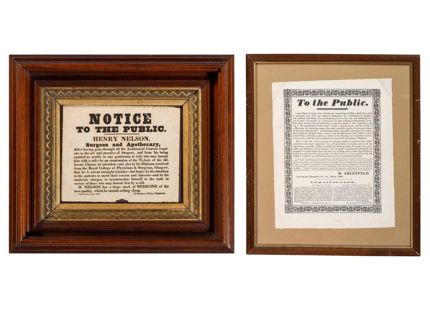 [MEDICINE]. A group of 2 broadsides issued to the public by physicians promoting or defending their practices during the 1840s, comprising: