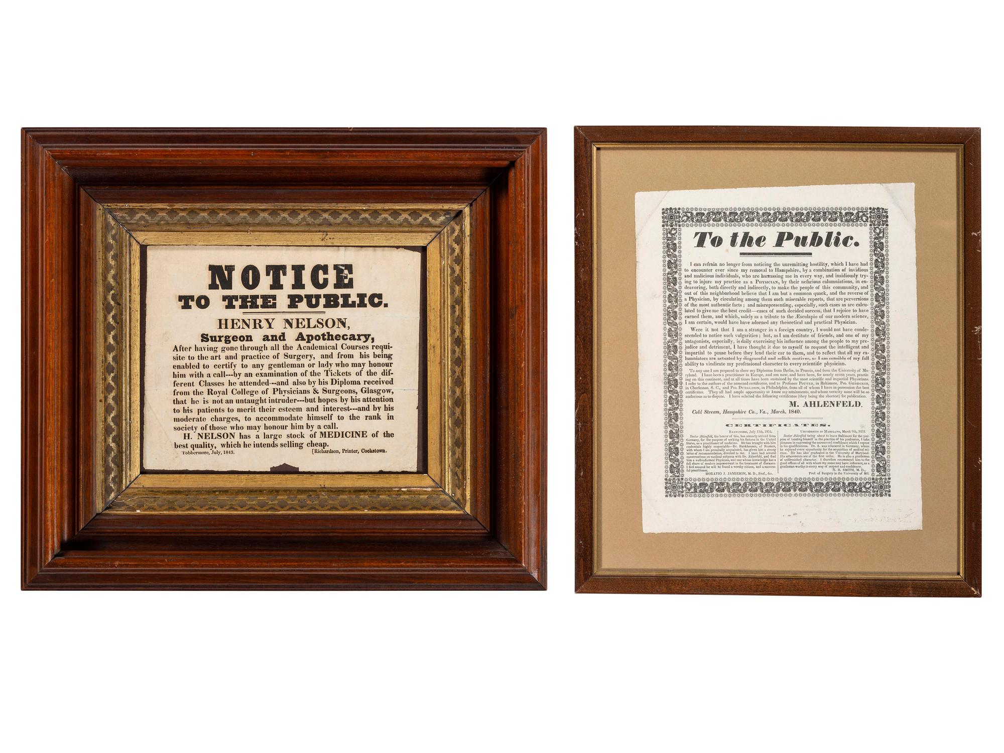 [MEDICINE]. A group of 2 broadsides issued to the public by physicians promoting or defending their practices during the 1840s, comprising: