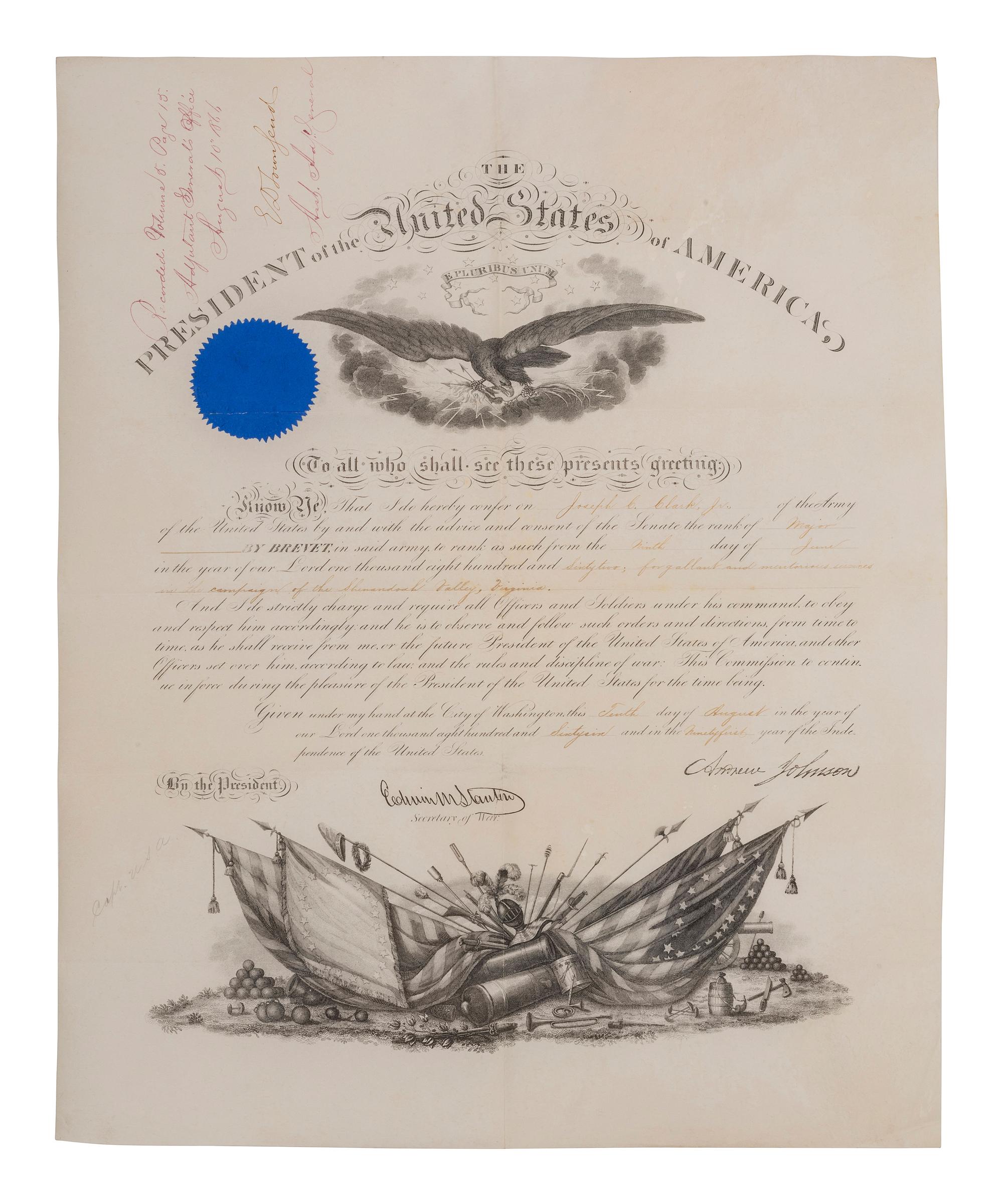 [WESTERN AMERICANA -- CIVIL WAR -- LINCOLN]. Papers of Captain Joseph Claypoole Clark, 4th US Light Artillery, Battery E, WIA Antietam, including frontier and Civil War correspondence, photography, and appointment signed by Lincoln as President.
