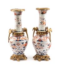 A Pair of Japanese Gilt Bronze Mounted Imari Porcelain Vases Height 16 inches.