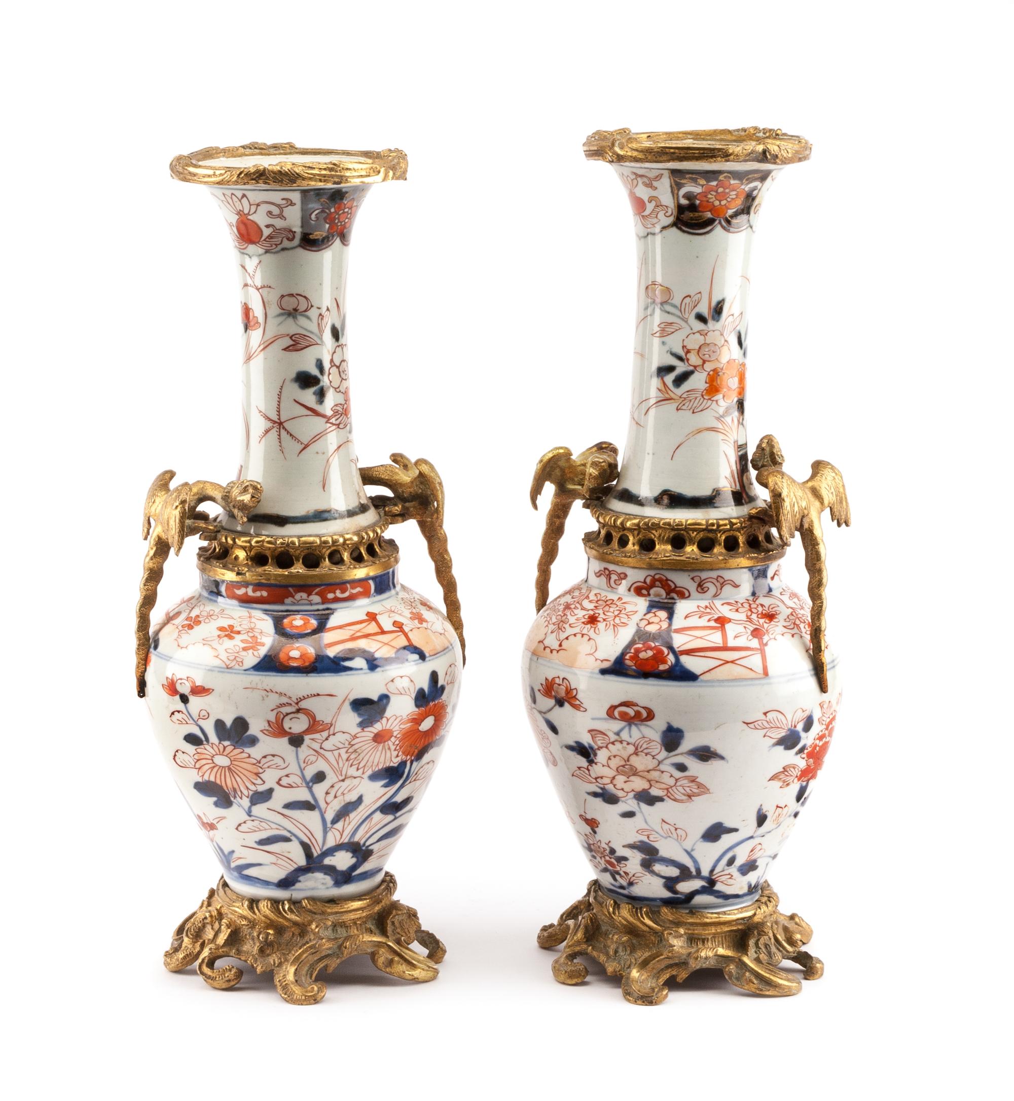 A Pair of Japanese Gilt Bronze Mounted Imari Porcelain Vases Height 16 inches.