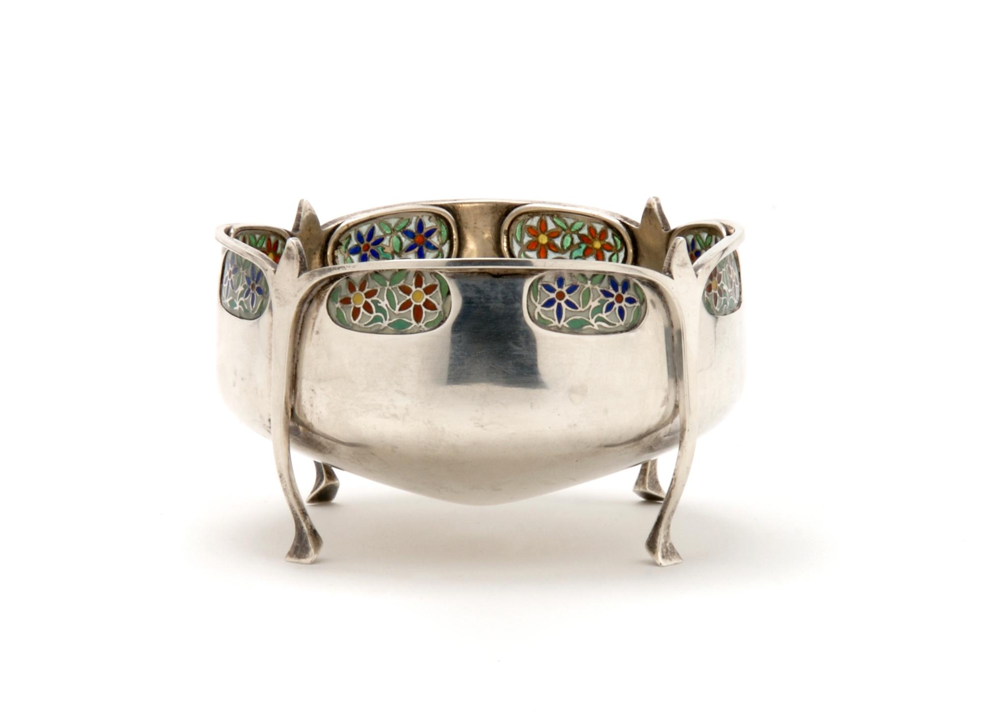 An English Silver and Enameled Bowl, Liberty & Co., Width 4 1/4 inches.