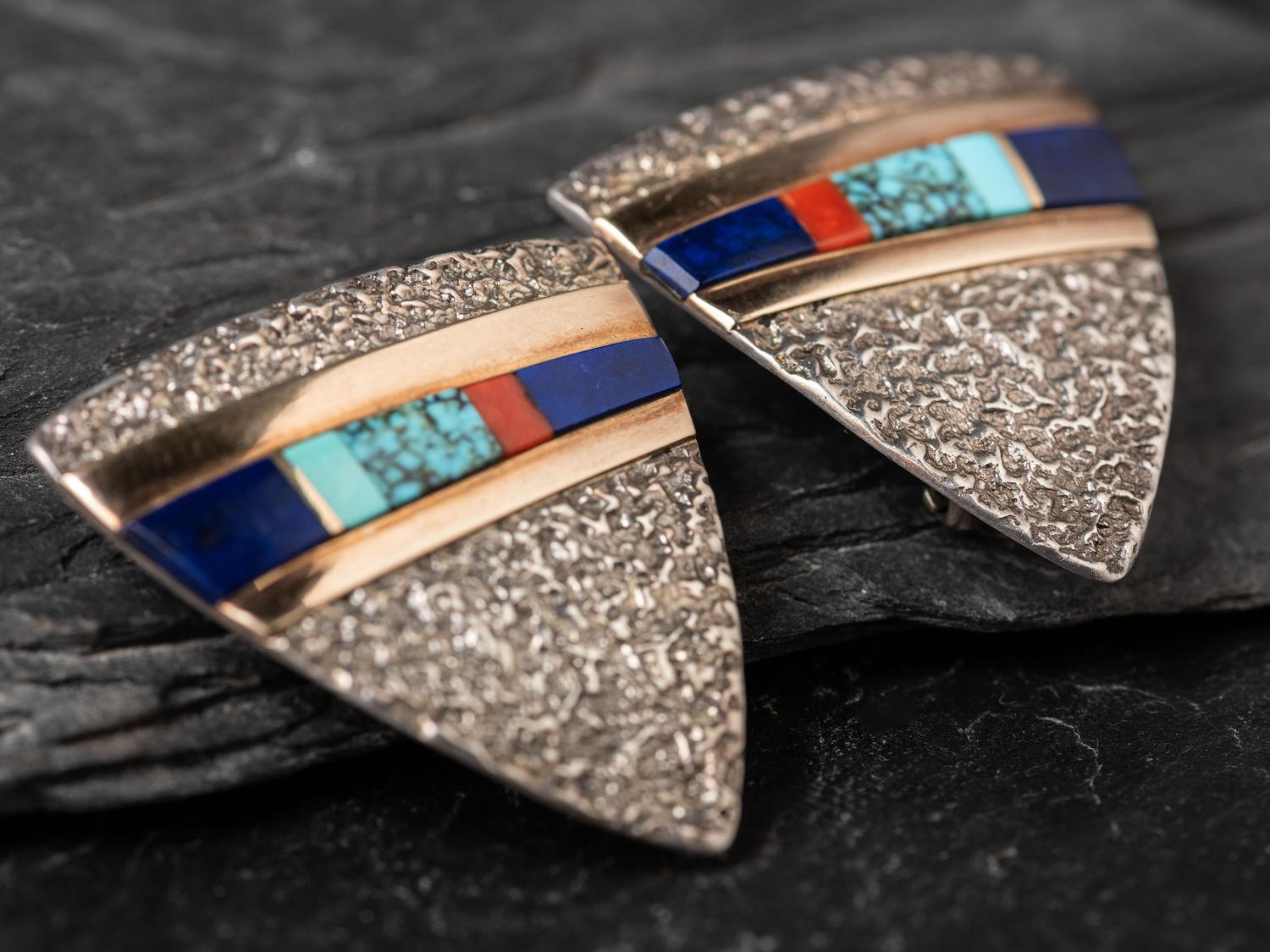 Tufa Cast Shield Clip Earrings with Inlay and 14K Gold Accents