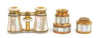 A Pair of French Mother-of-Pearl Veneered Opera Glasses, Width of first 3 7/8 inches.