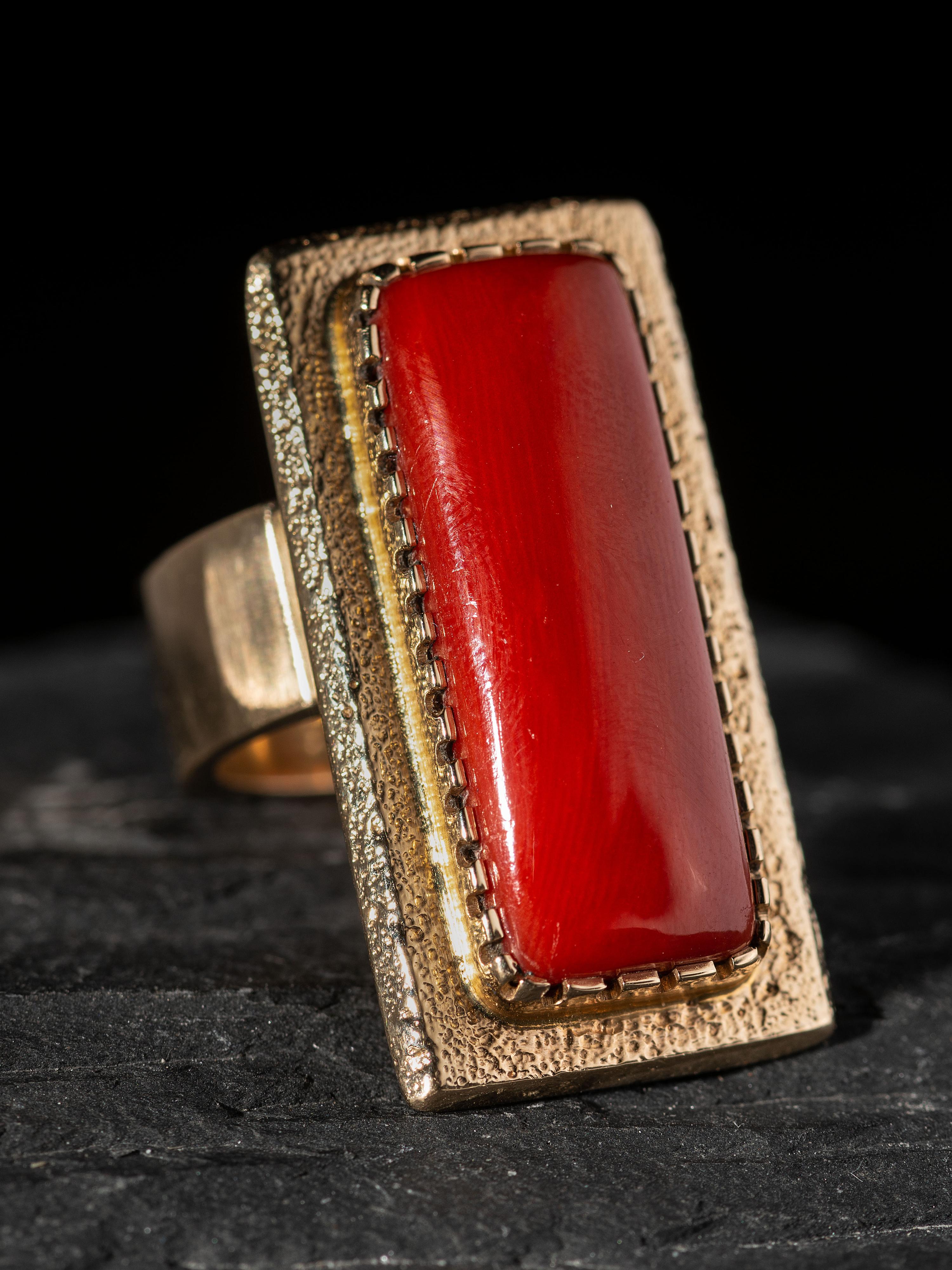 Coral and 14K Gold Tufa Cast Ring