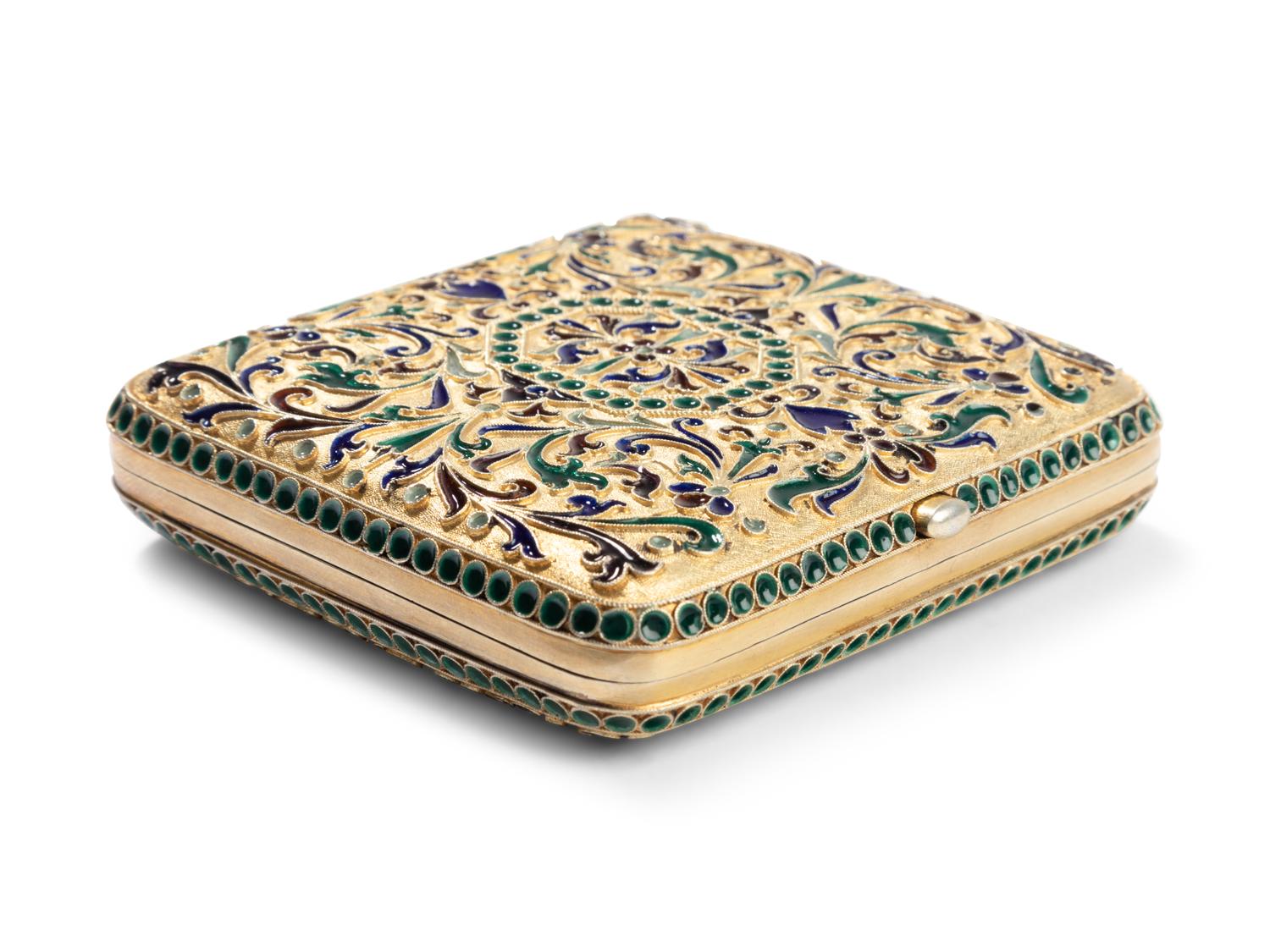 A Russian Plique-à-Jour Enamel Silver-Gilt Cigarette Case