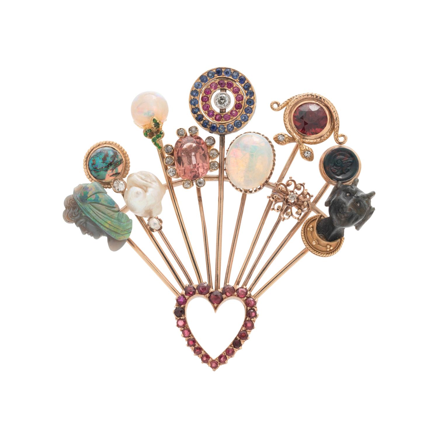 MULTIGEM AND DIAMOND STICKPIN BROOCH