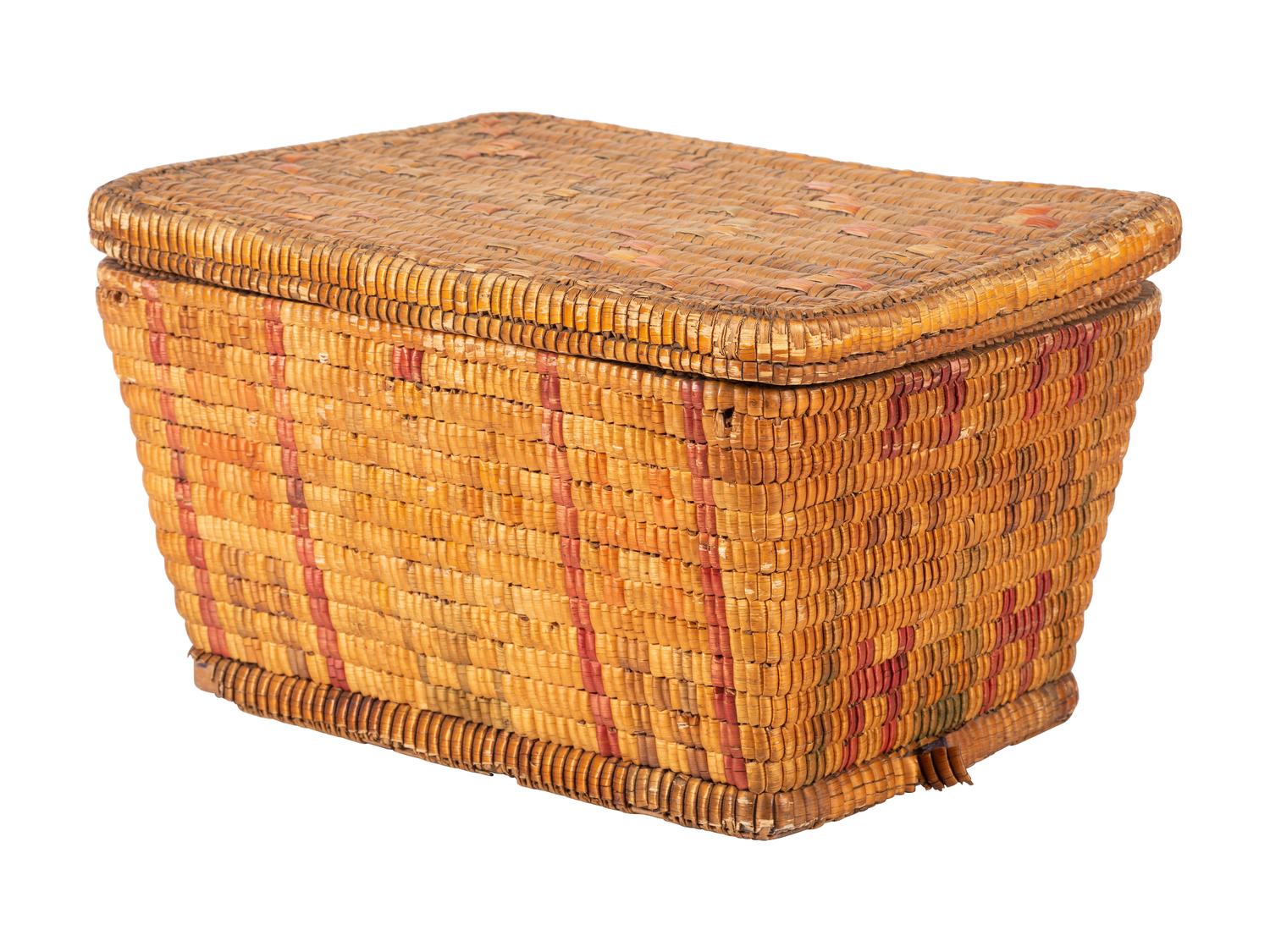 Salish Imbricated Basketry Trunk, With Lid