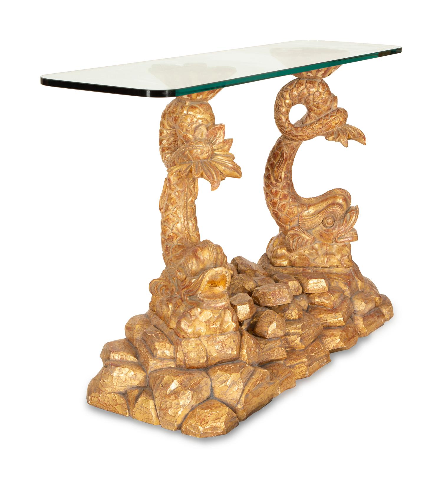 A Pair of Italian Grotto Style Carved Giltwood Pedestal Console Tables — 20th Century
