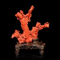 A Large Chinese Red Coral Carving, 20th Century 近代 紅珊瑚雕天女散花連木座