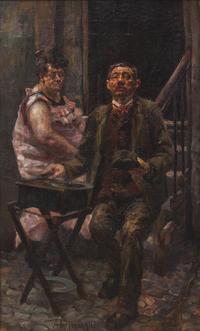 Organ grinder with lady sitting in a staircase in Holmensgade , 1907