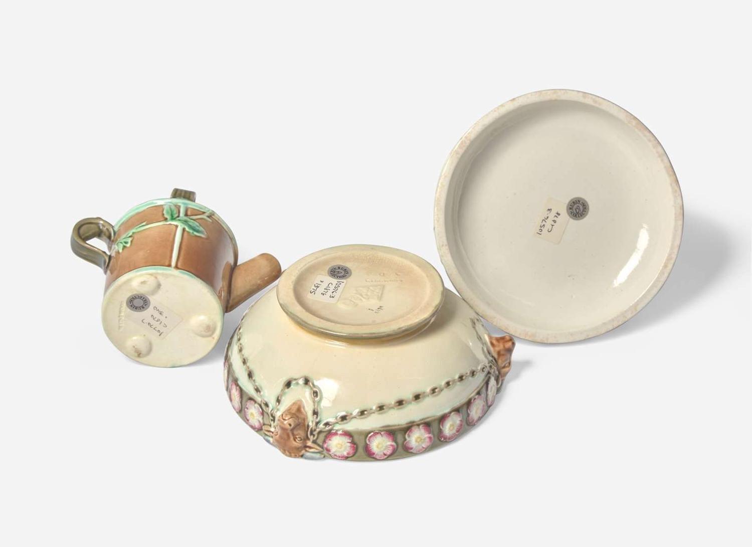 A Wedgwood Majolica Butter Dish and Creamer, UK, circa 1875