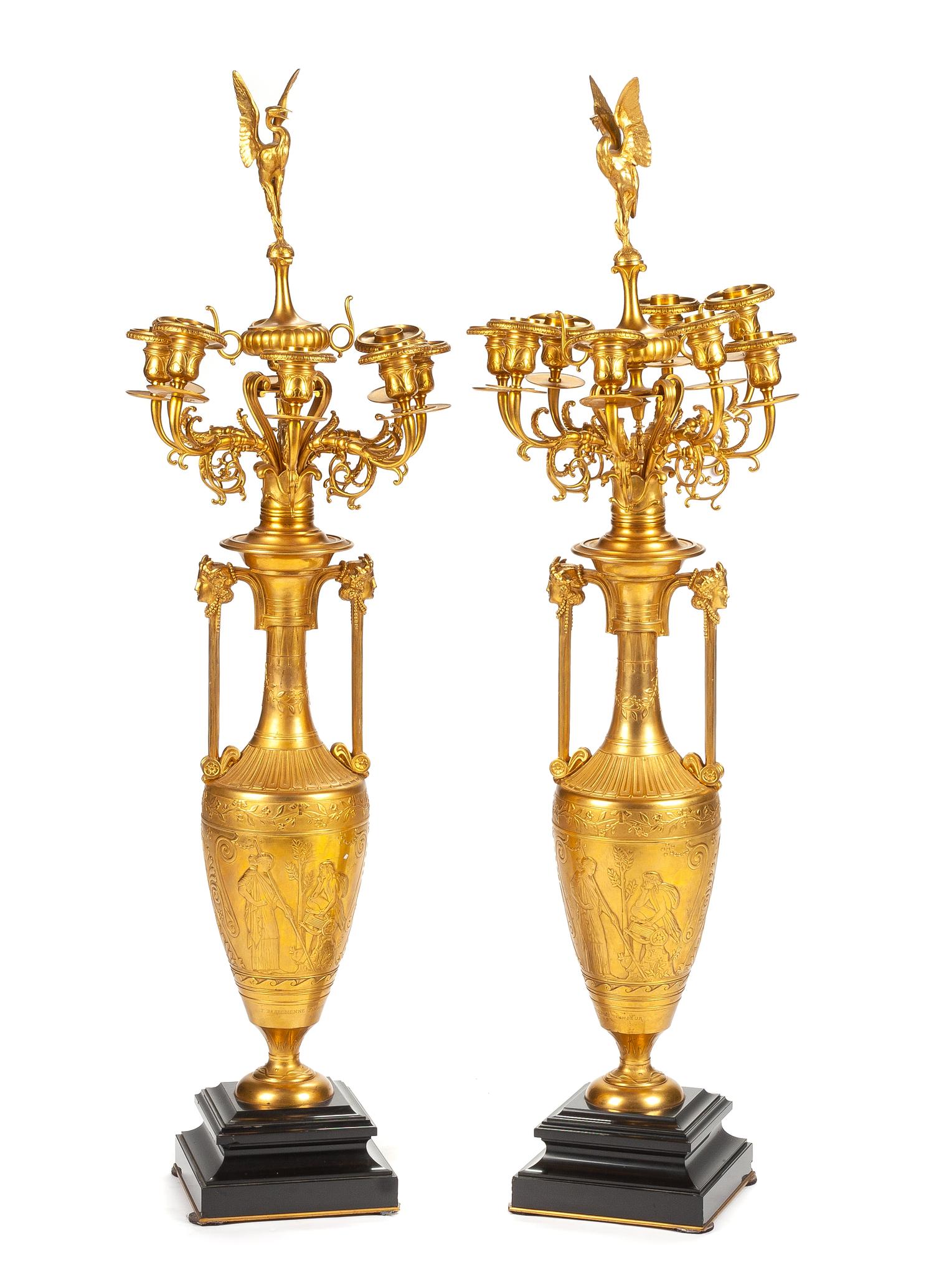 A Pair of French Neoclassical Gilt Bronze Eight-Light Candelabra Height overall 41 3/4 inches. — 19TH CENTURY
