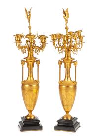 A Pair of French Neoclassical Gilt Bronze Eight-Light Candelabra Height overall 41 3/4 inches. — 19TH CENTURY
