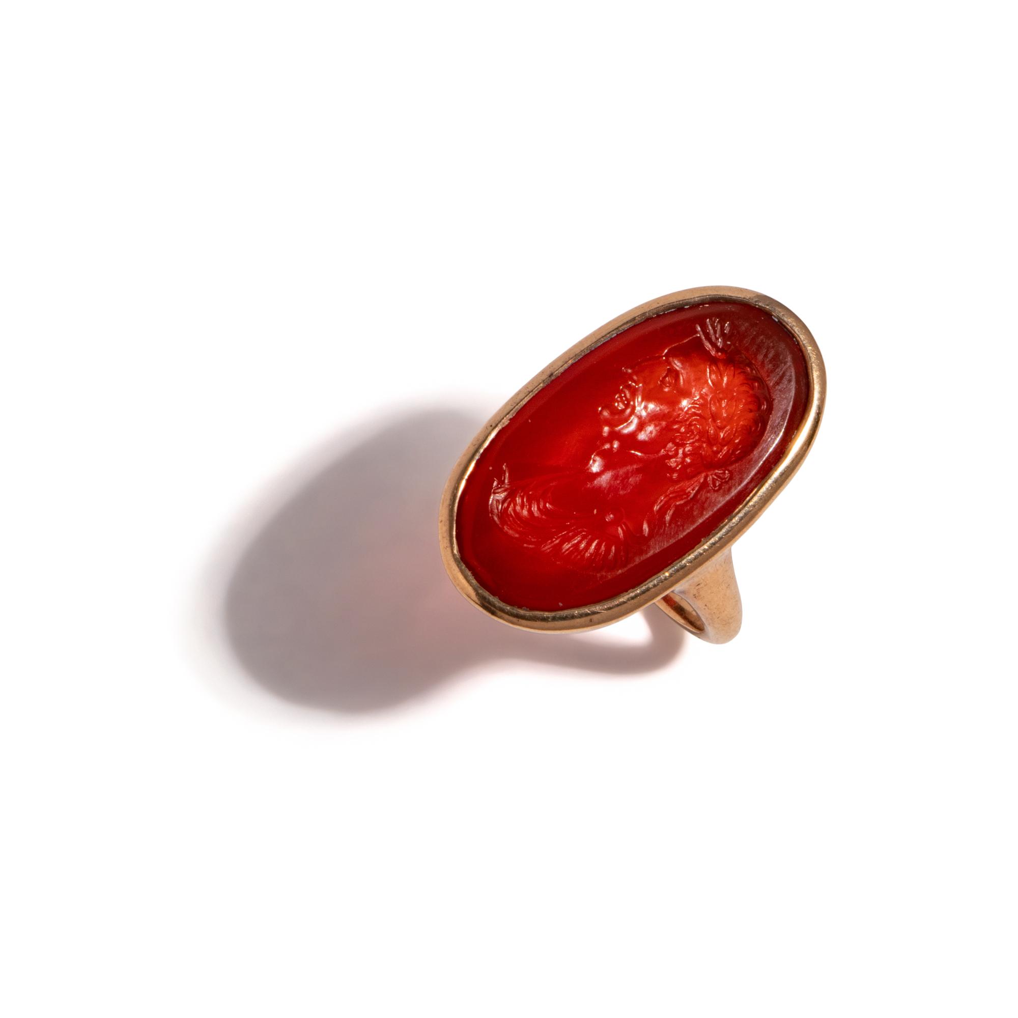 A Neoclassical Carnelian and Gold Finger Ring with a Portrait Bust of the Roman Emperor Augustus