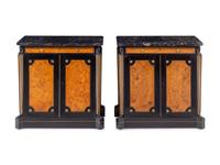 A Pair of Russian Empire Gilt Metal Mounted Ebonized and Burlwood Marble-Top Side Cabinets