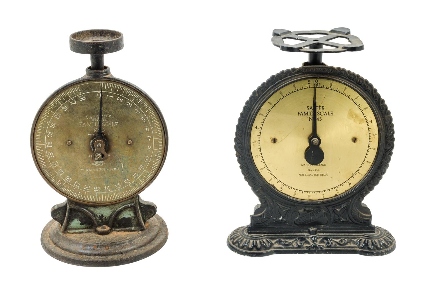 Two Cast Metal Salter's Family Scale Scales Height of taller 11 1/4 inches.