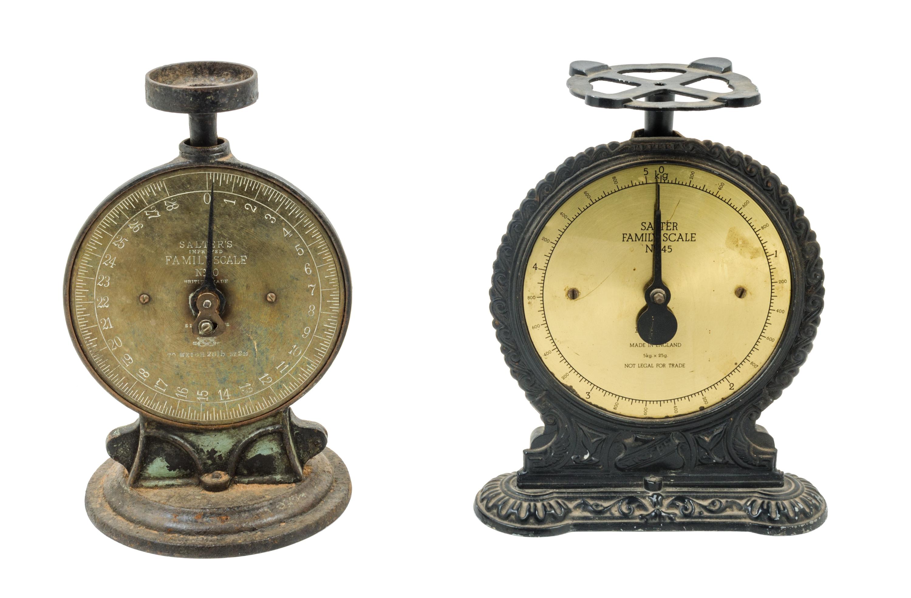 Two Cast Metal Salter's Family Scale Scales Height of taller 11 1/4 inches.