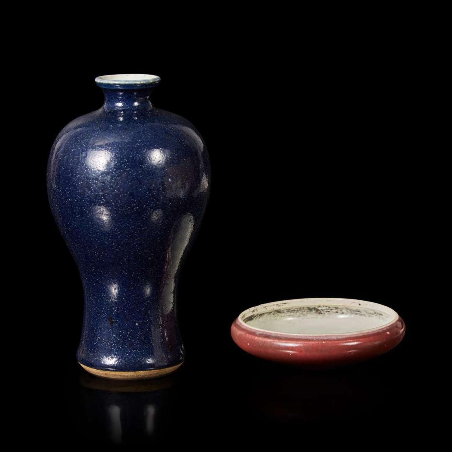 A Chinese copper-red glazed brush washer and a small Chinese blue-glazed meiping vase 釉裡紅水洗及藍釉梅瓶