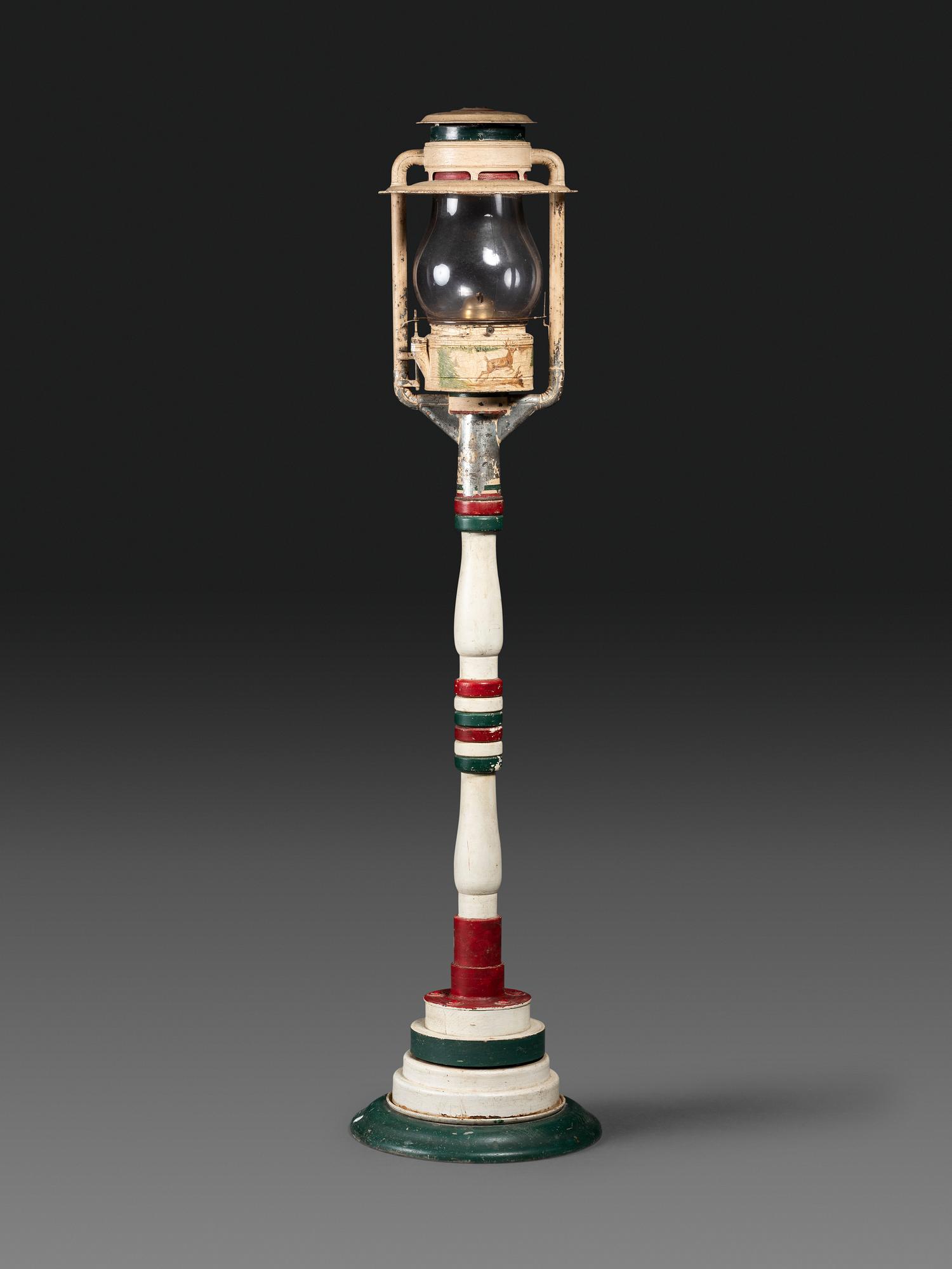 An American Painted Wood and Metal Stag Decorated Oil Lamppost