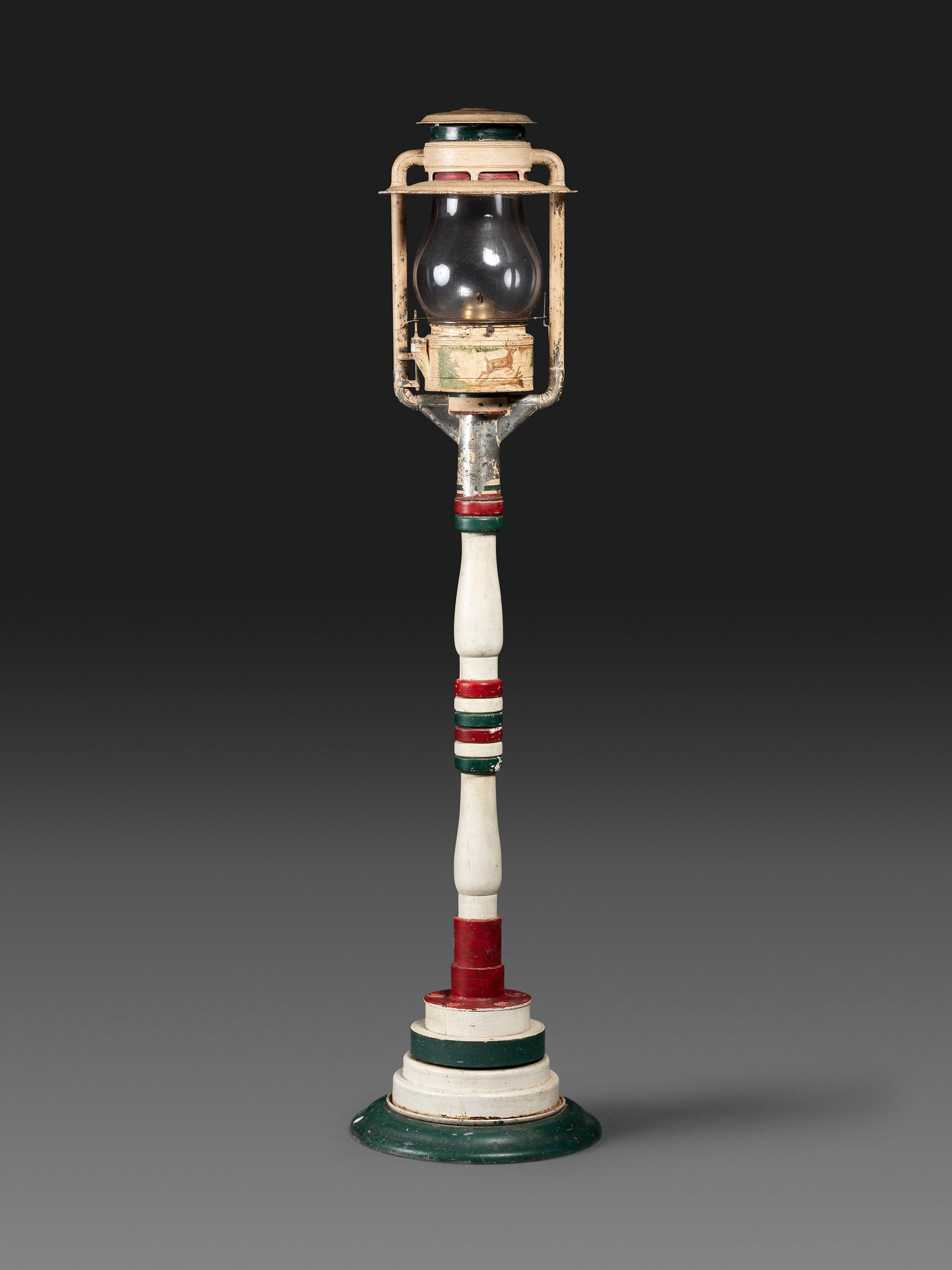 An American Painted Wood and Metal Stag Decorated Oil Lamppost