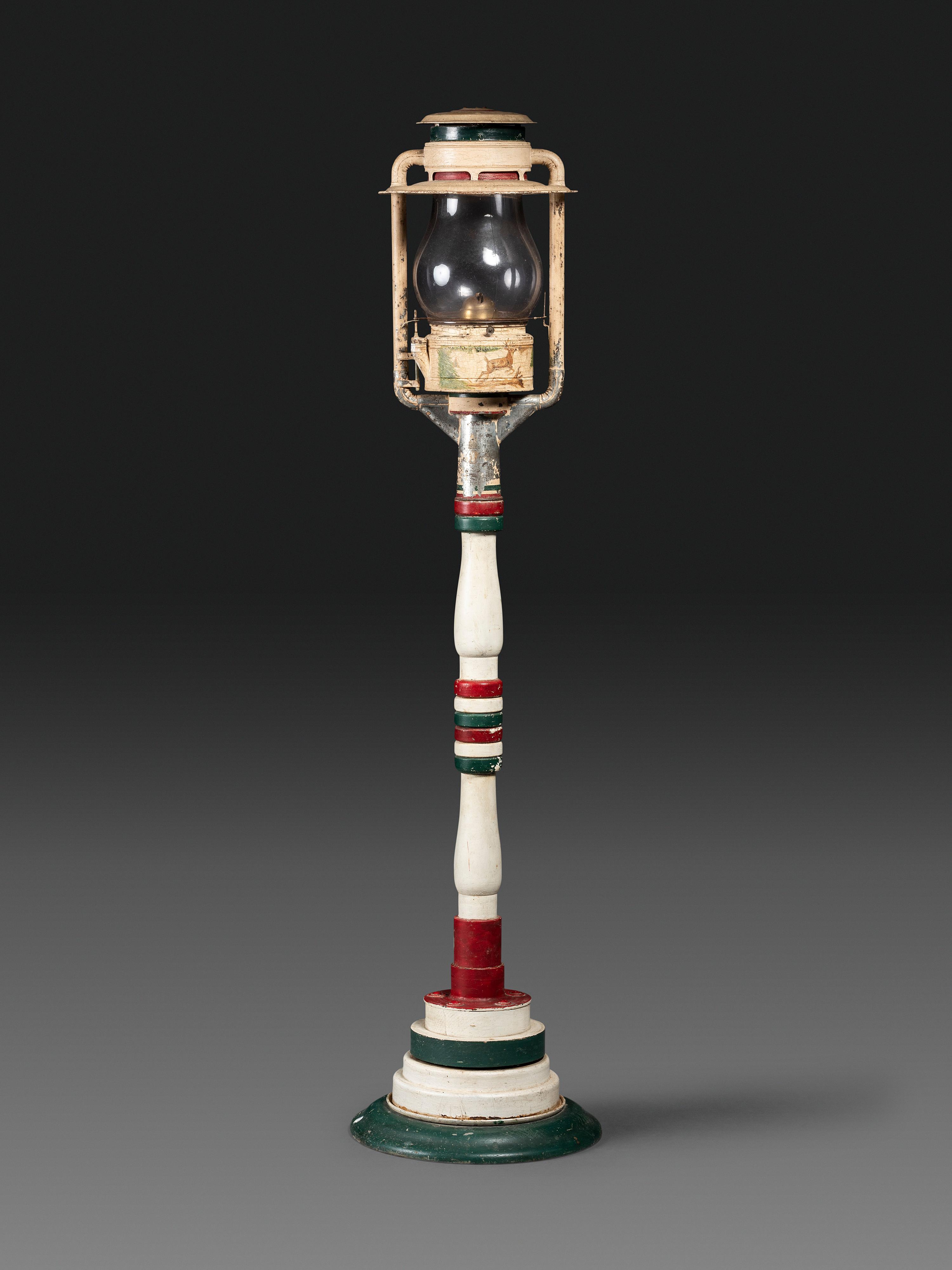 An American Painted Wood and Metal Stag Decorated Oil Lamppost