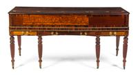 An English Various Woods Inlaid Piano Forte, Mario Clementi & Co, Height 33 x width 68 x depth 24 1/2 inches.