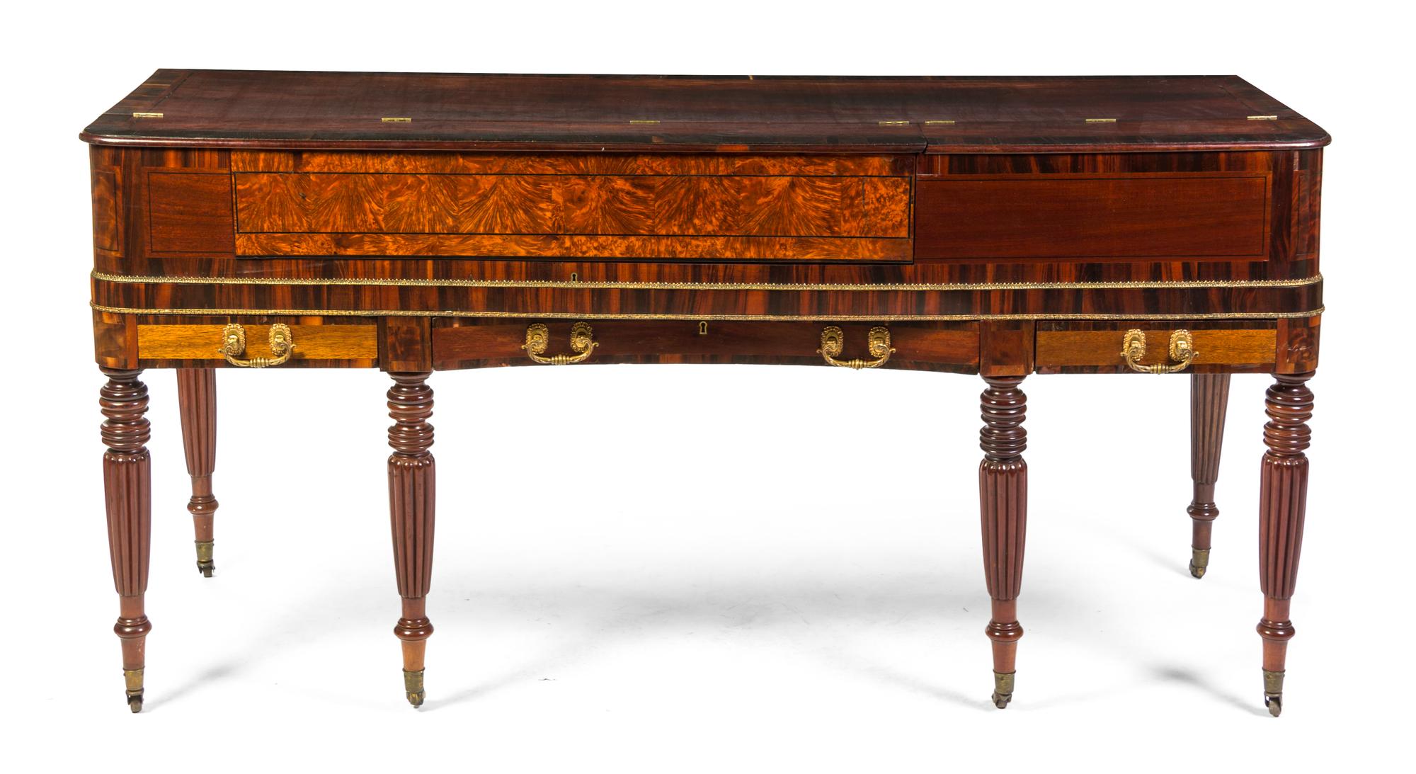 An English Various Woods Inlaid Piano Forte, Mario Clementi & Co, Height 33 x width 68 x depth 24 1/2 inches.