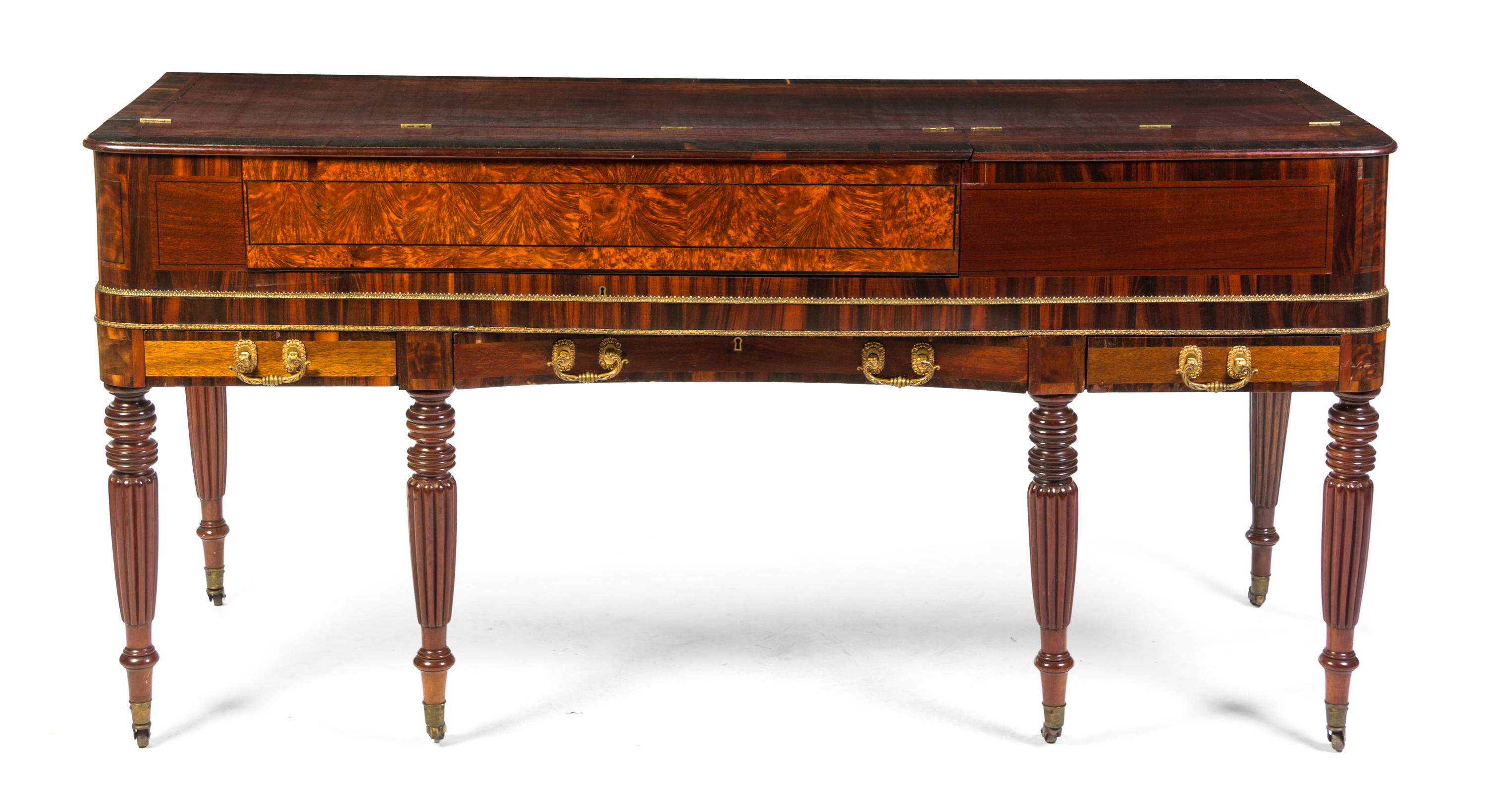 An English Various Woods Inlaid Piano Forte, Mario Clementi & Co, Height 33 x width 68 x depth 24 1/2 inches.