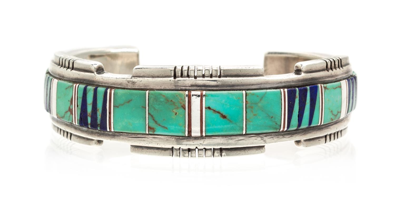 A Sterling Silver, Turquoise and Lapis Lazuli Cuff Bracelet, Ron Brown, 21.40 dwts.