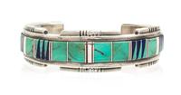 A Sterling Silver, Turquoise and Lapis Lazuli Cuff Bracelet, Ron Brown, 21.40 dwts.