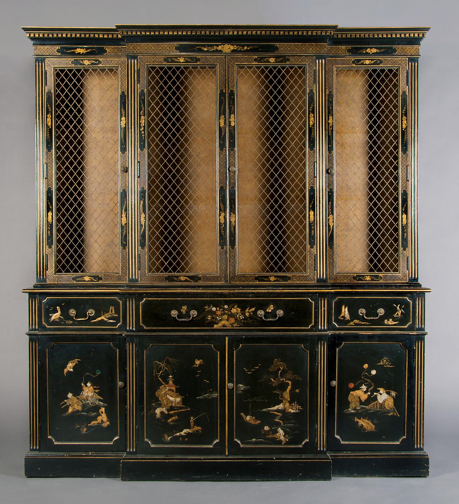 An Georgian Style Lacquered Secretary Breakfront Cabinet, Height 85 1/2 x width 76 1/4 x depth 16 1/2 inches.