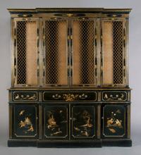 An Georgian Style Lacquered Secretary Breakfront Cabinet, Height 85 1/2 x width 76 1/4 x depth 16 1/2 inches.