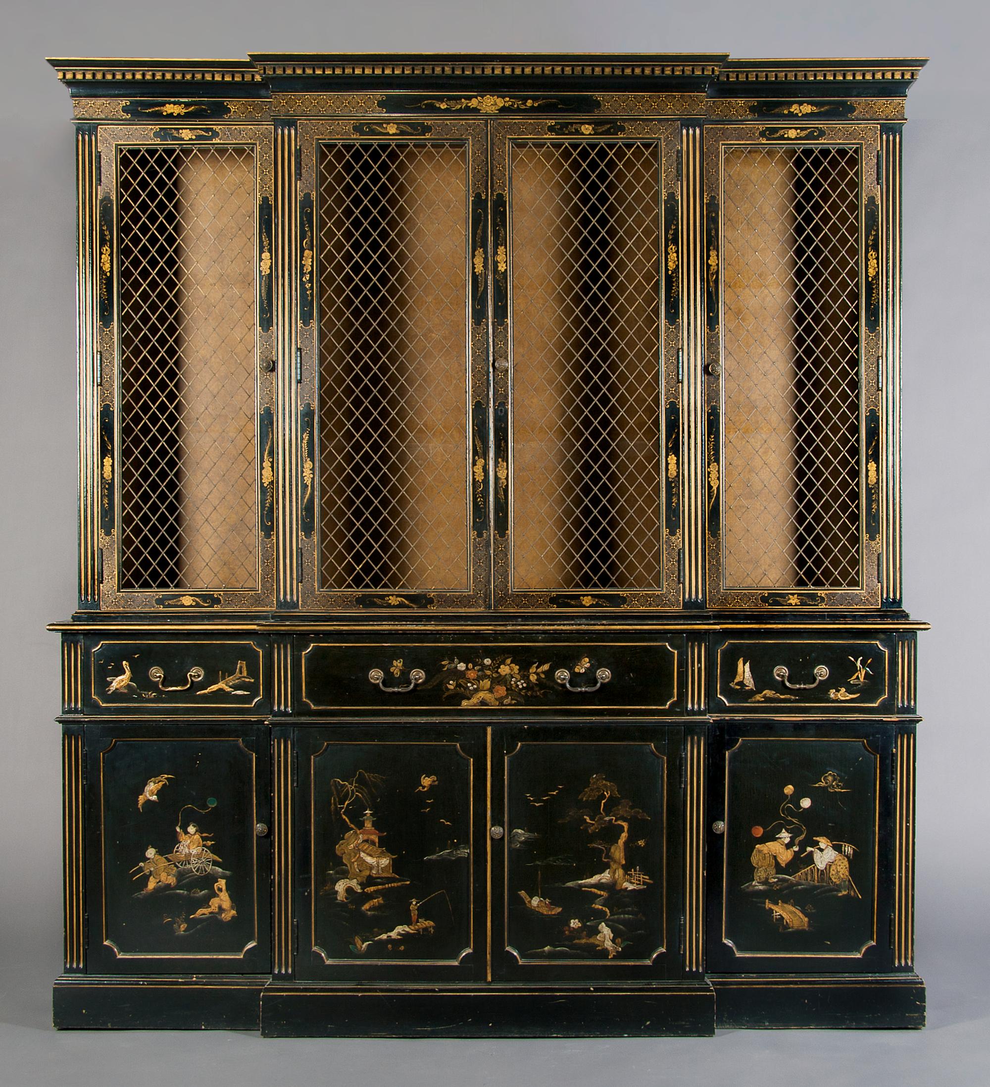 An Georgian Style Lacquered Secretary Breakfront Cabinet, Height 85 1/2 x width 76 1/4 x depth 16 1/2 inches.