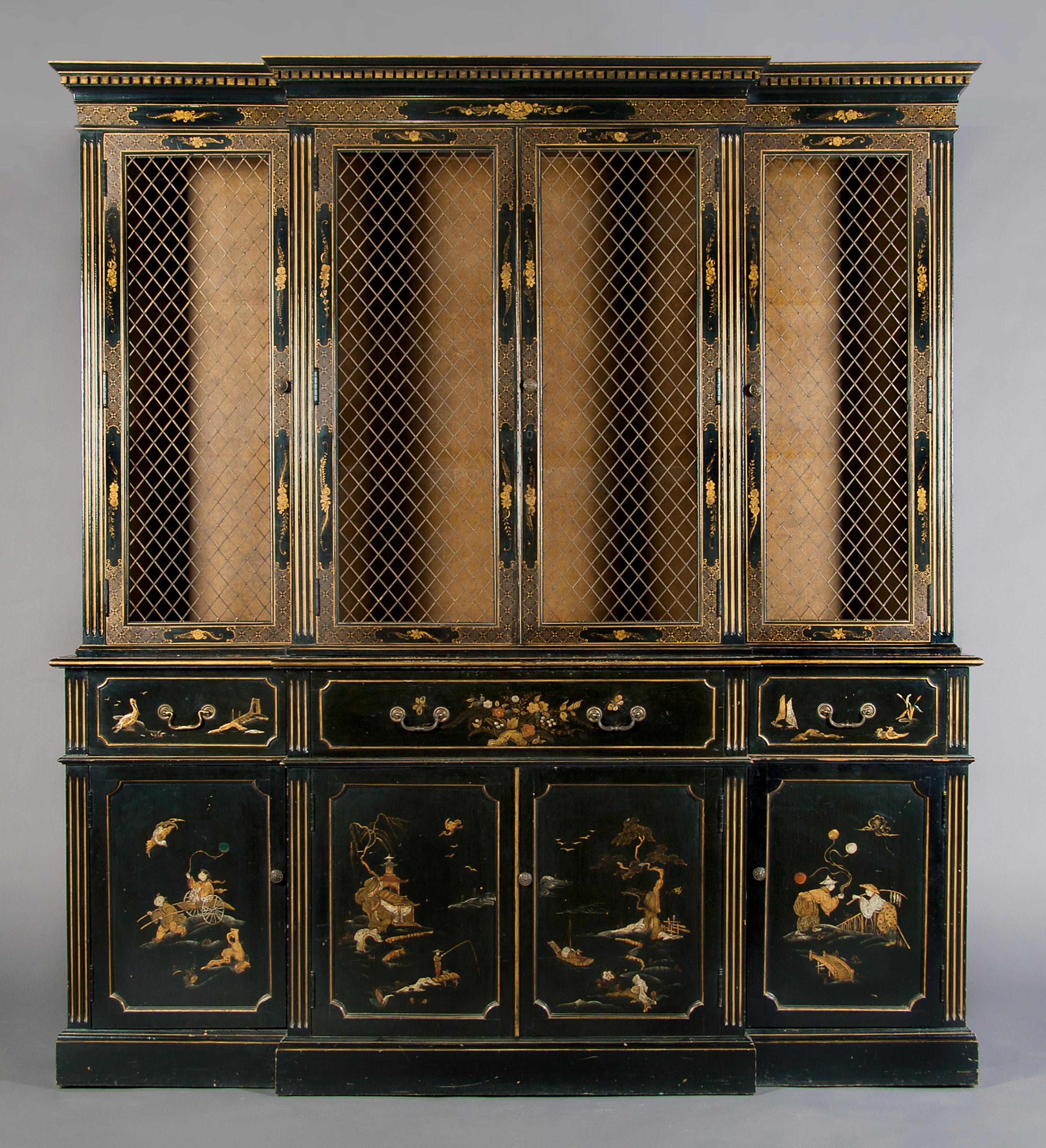 An Georgian Style Lacquered Secretary Breakfront Cabinet, Height 85 1/2 x width 76 1/4 x depth 16 1/2 inches.