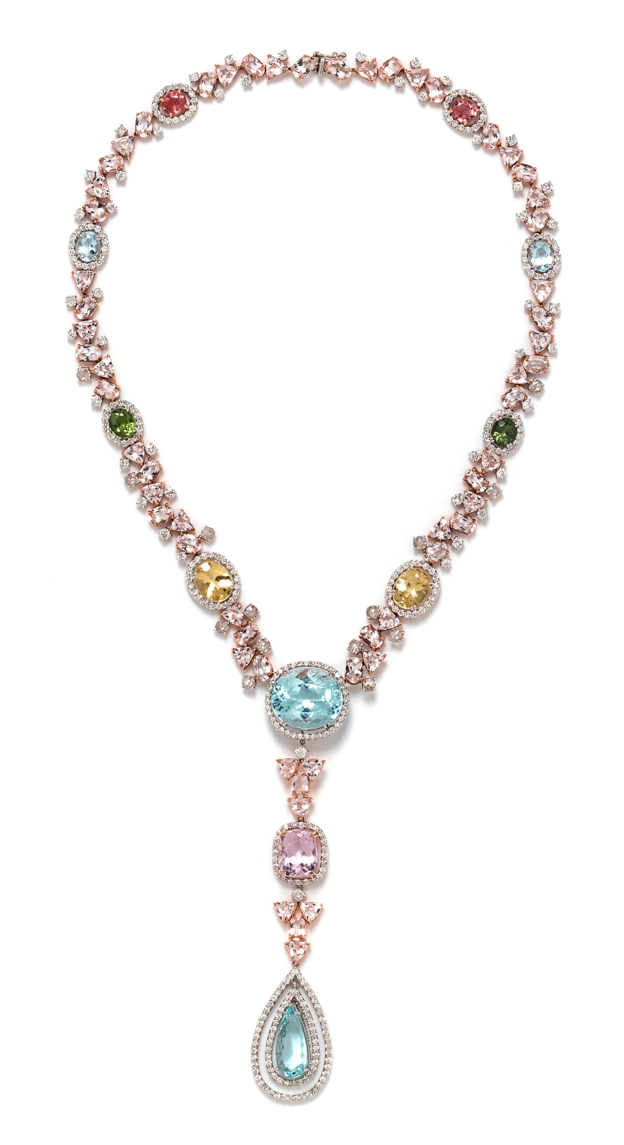 An 18 Karat Bicolor Gold, Diamond and Multigem Necklace, 30.50 dwts.